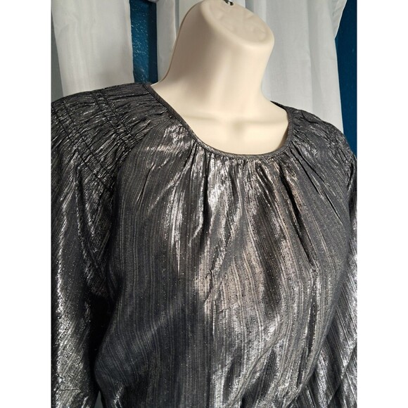 LOFT Women’s Silver Metallic Shimmer Smocked Flounce Dress Size Med - Picture 5 of 11